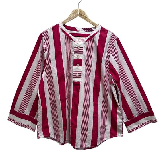 J.Crew Button Top 100% Cotton Tunic Striped Shirt L Red White 3/4 Sleeve Chic - Picture 1 of 7